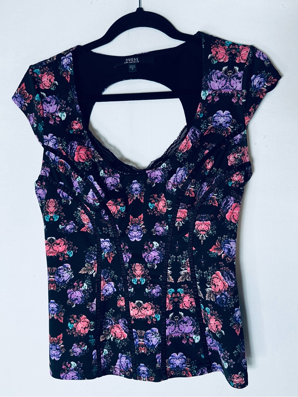 Guess Black Purple Pink Floral Corset Bustier Cutout Back Top M Whimsygoth Fairy